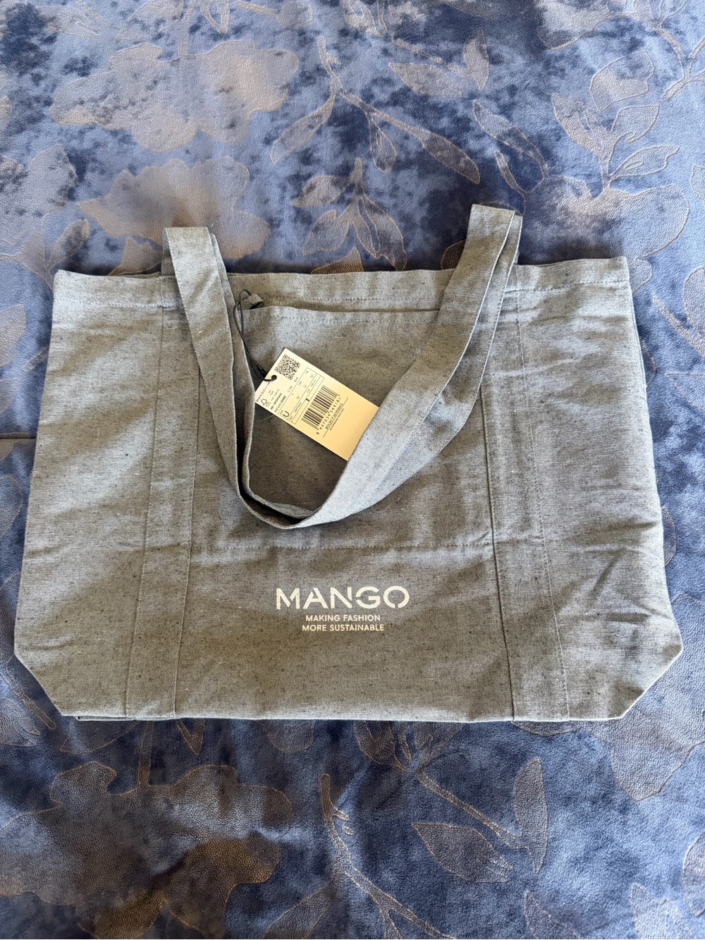 Mango Blue/Gray Canvas Shoulder Tote with White Logo